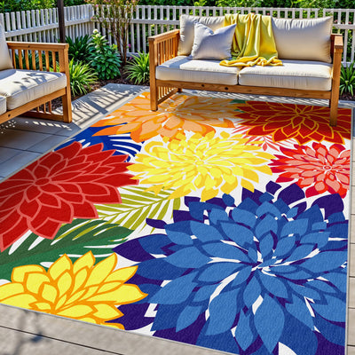 Outdoor Area Rug Washable Multicolored Patio Rug Tropical Botanical Modern Floral Outdoor Carpet Non-Slip for Patio, Deck, Backyard, Porch (5x8)