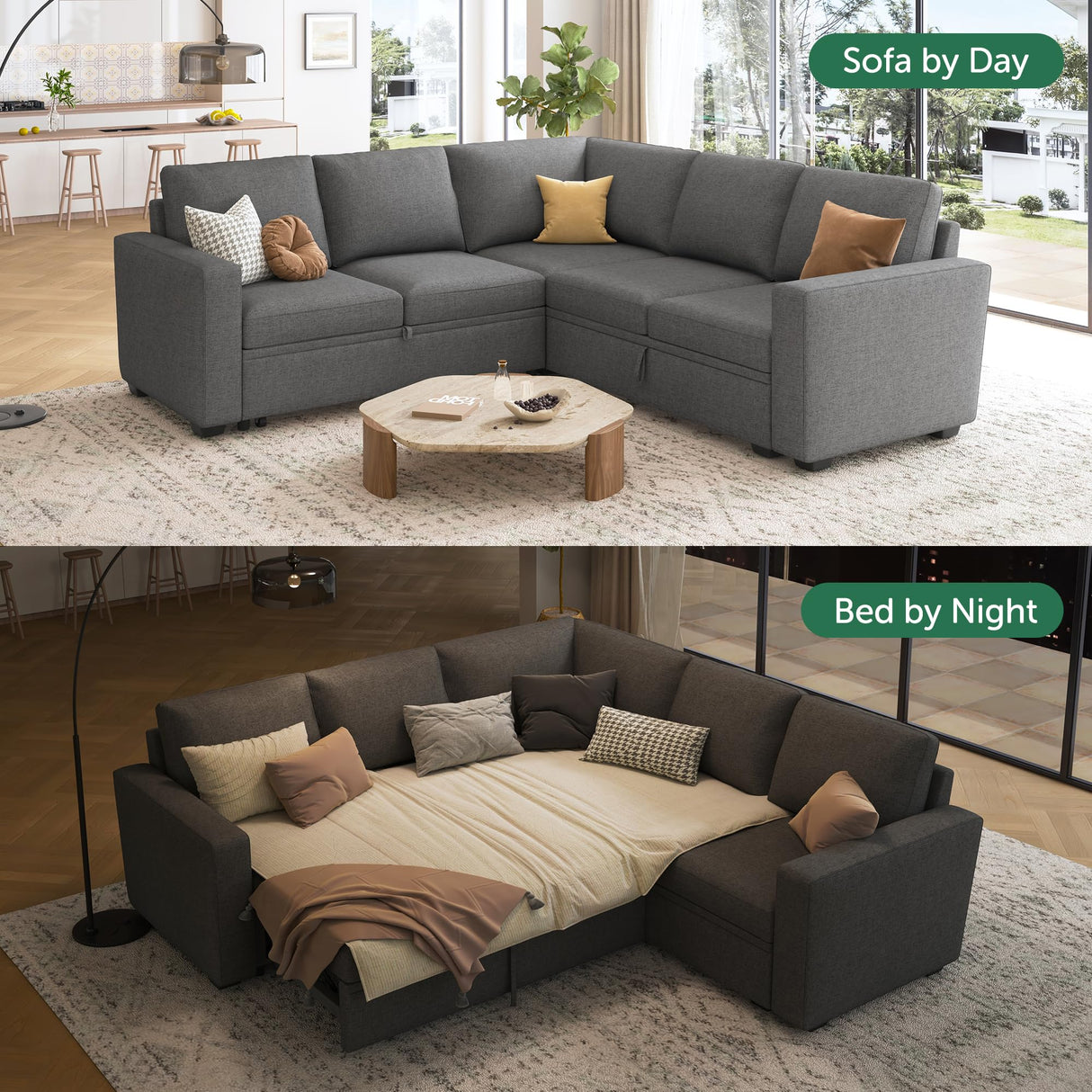 HONBAY Sectional Sleeper Sofa with Pull Out Bed, L Shaped Couch with Storage Seat, Modular Sectional Couches for Living Room, Dark Grey HONBAY