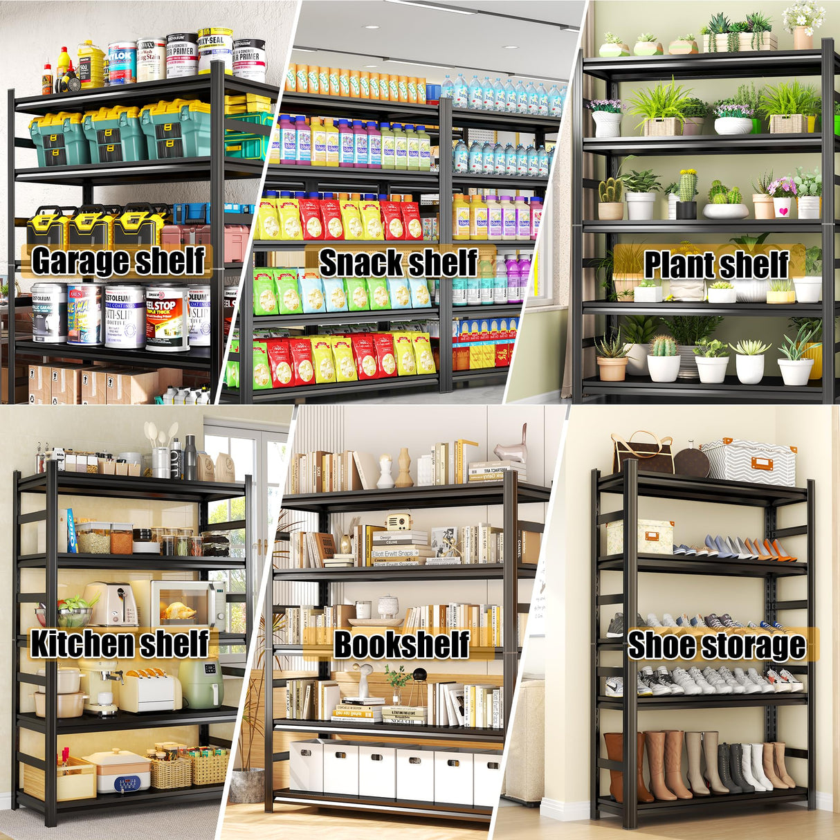 63''Storage Shelves, Garage Metal Shelving Unit, Adjustable, Double-Layer Column with Reinforced Ribs, Heavy-Duty, Capable of Bearing 3000 lbs, Suitable for Garage, Warehouse, Kitchen Storage Beaunatixx