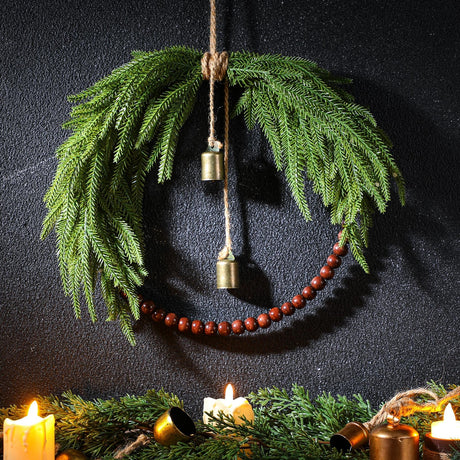 Dingion Norfolk Pine Christmas Wreath with Wood Bead 11.8 in Christmas Norfolk Pine Wreath for Front Door Farmhouse Rustic Xmas Artificial Door for Window Wall Hanging Decor(Classic) Dingion