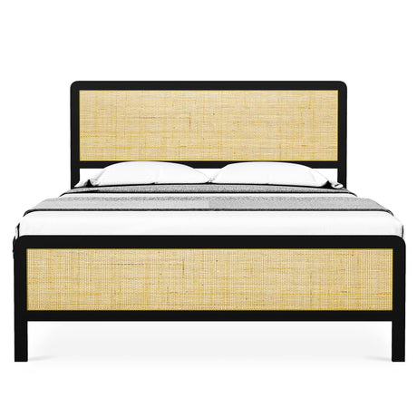 Amyove Full Size Bed Frame with Natural Rattan Headboard, Bohemian Platform Bed Frame with Strong Metal Slats Support, Boho Cane/Mattress Foundation/No Box Spring Needed Amyove