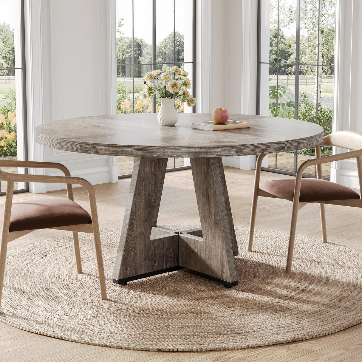 LITTLE TREE Round Dining Table for 4-6 People, 47 Inches Dining Room Table with Wooden Pedestal Base, Grey Dinner Table, Circle Kitchen Table for Dining Room, Kitchen, Living Room(Table Only) LITTLE TREE