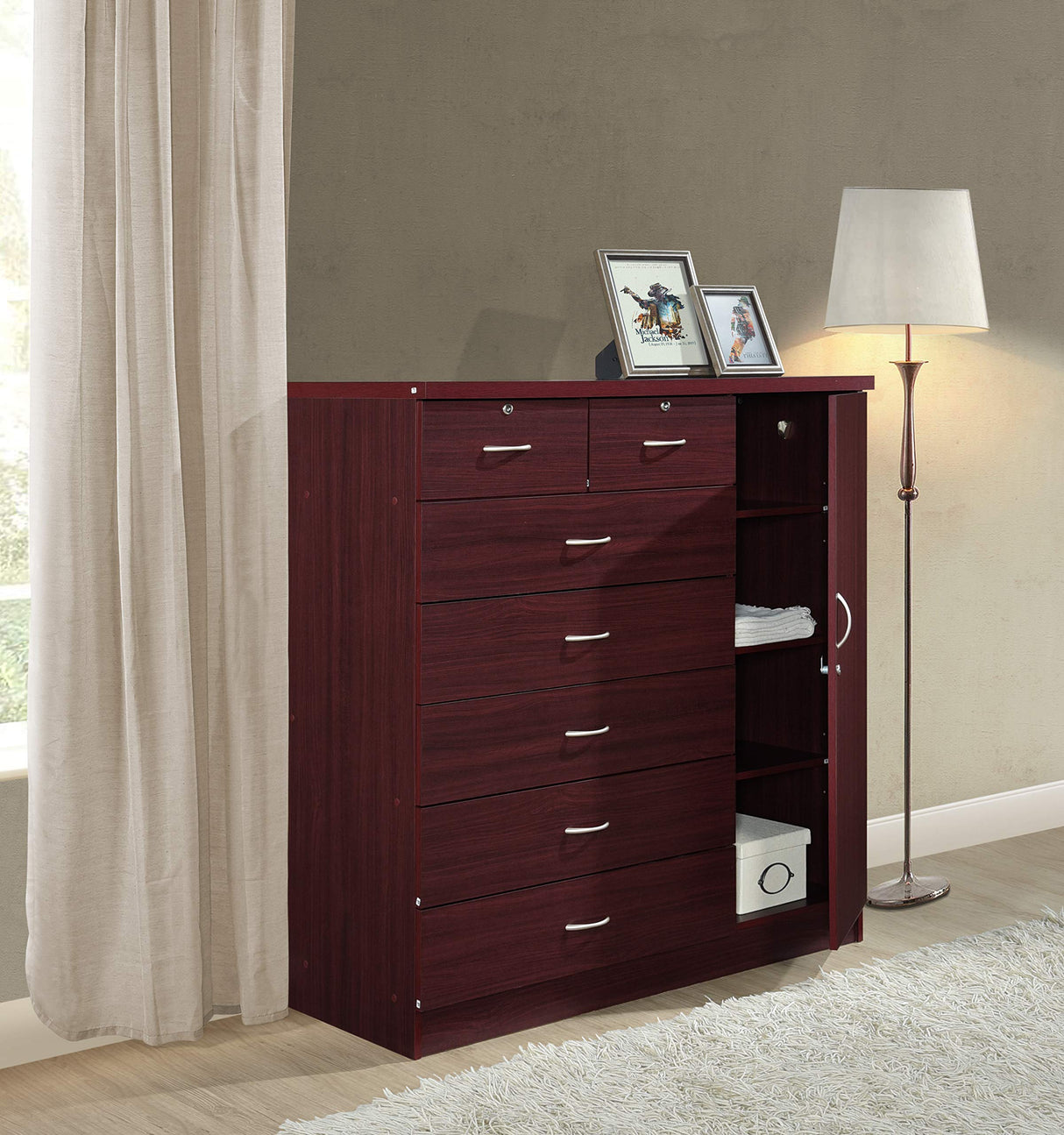 Hodedah 7 Drawer Jumbo Chest, Five Large & Two Smaller Drawers with Two Lock, Hanging Rod, and Three Shelves | Mahogany, 17.76" D X 47.24" W X 48.39" H Hodedah