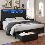 Farmhouse Full Bed Frame with Bookcase Headboard and Storage Drawers, LED Lights and Charging Station, No Box Spring Needed, Noise Free, Black Fastroby