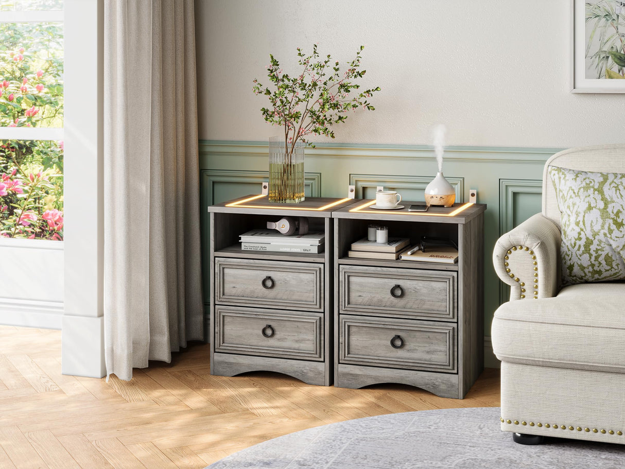 Nightstand with Strip Lights Set of 2, Night Stand with Drawers, Accent Bed Side Table and End Table with Open Storage for Bedroom, Living Room,Gray LGHM