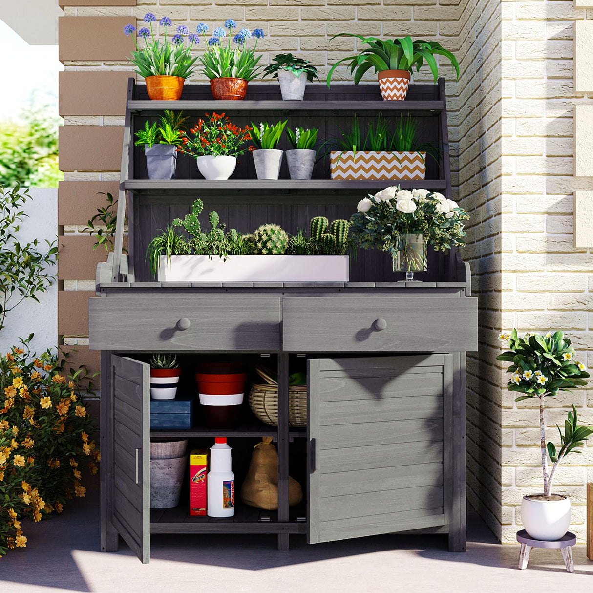 KUIKUI Potting Table, Gardening Table, Potting Benchs for Outside, Fir Wood Workstation with Storage Shelf, Drawer and Cabinet, 47.2''Lx22.8''Wx65''H, Gray KUIKUI