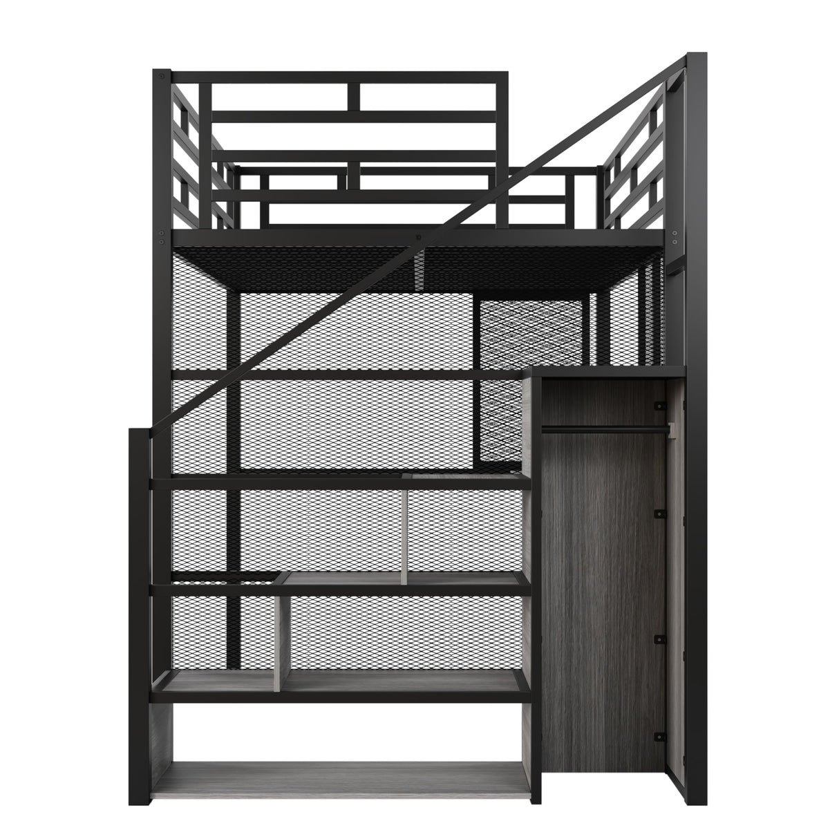 Merax Modern Full Heavy Metal Loft Bed with Wardrobe & Desk, Multifunction Loft Bed Frame with Staircase, Storage Shelves for Bedroom, Dorm, Appartment Space-Saving Black Merax