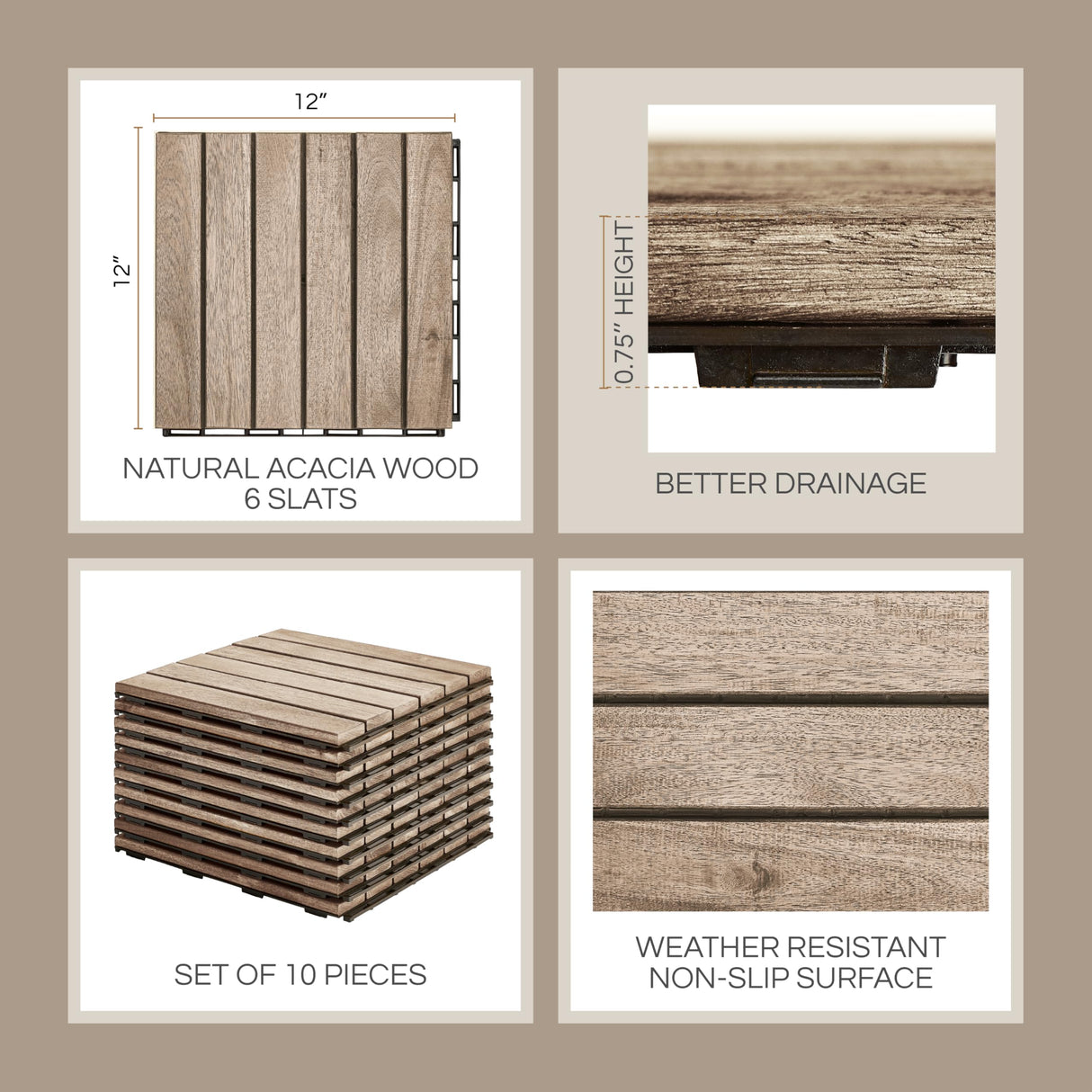 THYOI 10 Pcs Interlocking Deck Tiles, Waterproof Acacia Wood Patio Flooring for Balcony & Outdoor Use (White, 10 Pcs - 12.1 Square Ft) THYOI