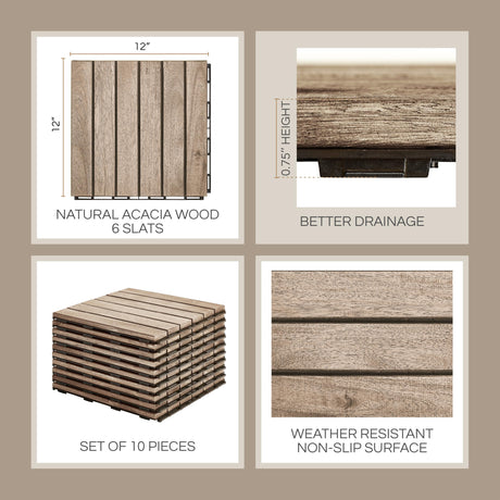 THYOI 10 Pcs Interlocking Deck Tiles, Waterproof Acacia Wood Patio Flooring for Balcony & Outdoor Use (White, 10 Pcs - 12.1 Square Ft) THYOI