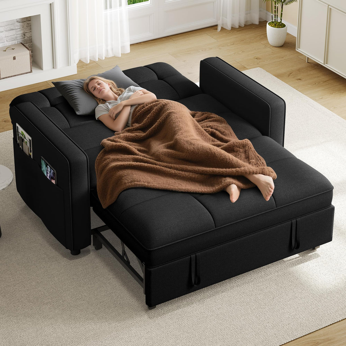 YITAHOME 55" Convertible Sofa Bed, 3-in-1 Sleeper Sofa with Iron Frame Pull-Out Bed, Linen Futon Couch with Reclining Backrest and Side Pocket, Modern Loveseat for Living Room Bedroom Apartment, Black YITAHOME