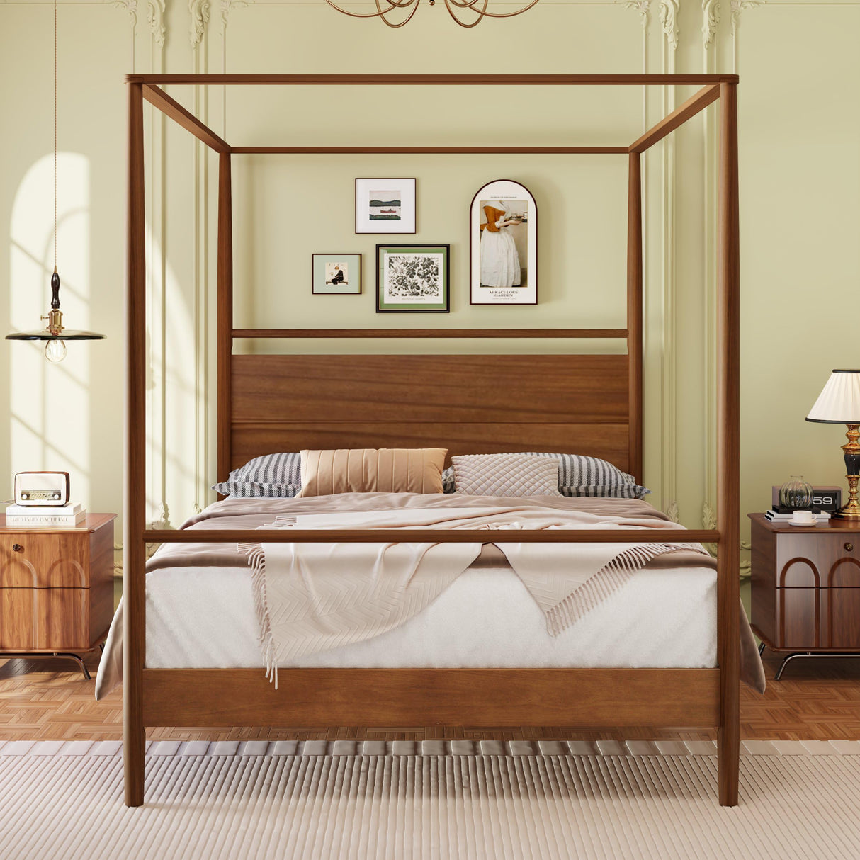 LUMISOL Full Size Canopy Bed Frame, Solid Wood 4 Posters Bed Frame with Headboard and Under-Bed Storage Space, No Box Spring Required, Walnut LUMISOL