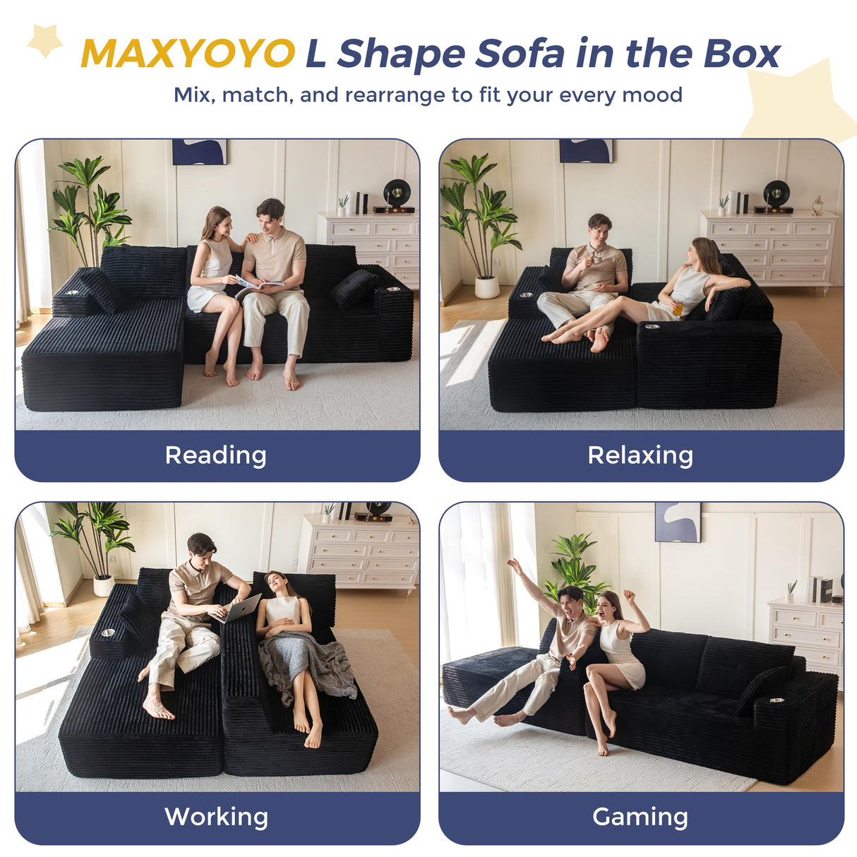 MAXYOYO 104" Modular Sectional Couch with L-Shape Chaise, Modern Boneless Couch for Living Room, Sofa in A Box, Oversized Sofa Sleeper with Deep Seat, No Assembly Required, Black MAXYOYO