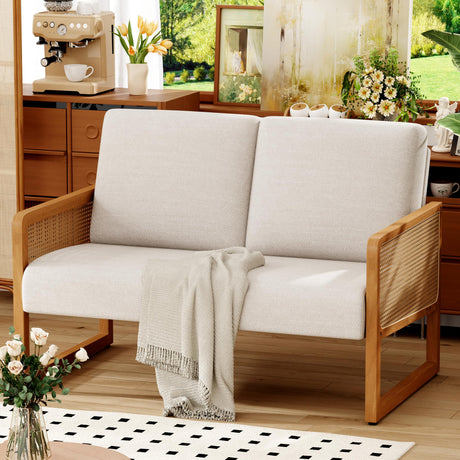 Alunaune Modern Loveseat Bench Couch with Natural Rattan Arm, Upholstered Linen Small Love Seat Sofa 2-Seats Living Room Couch Settee, Comfy Lounge Recliner Chair-Ivory Alunaune