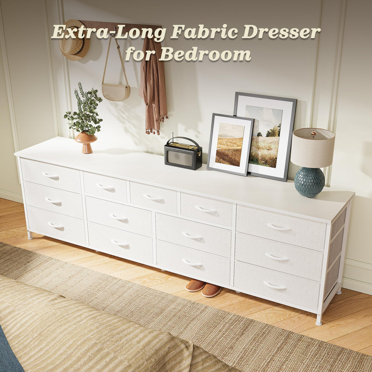 Huuger 70 Inch White Dresser for Bedroom, TV Stand for 65, 75, 80 Inch TV, 13 Fabric Drawer Long Dresser, Wide Chest of Drawer, Storage Units for Bedroom Huuger