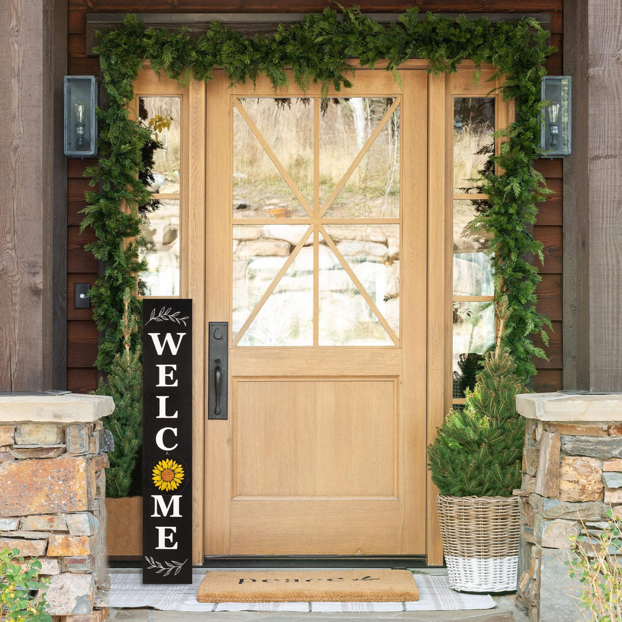 Welcome Sign for Front Door, 47 x 7.9 Wooden Sign with 10 Interchangeable Icons for Porch Standing, Farmhouse Seasonal Decor (Black) PERFNIQUE