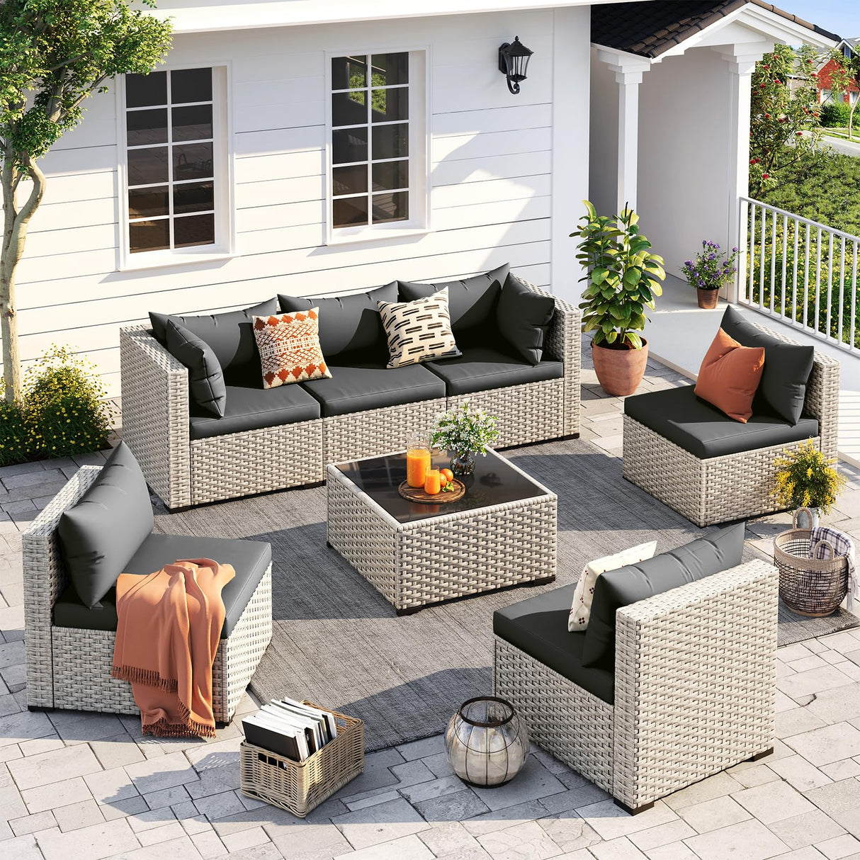UDPATIO Outdoor Patio Furniture Set, 7-Piece Modular Sectional Sofa with Tea Table, PE Wicker Outdoor Conversation Set for Patio, Garden, Backyard Black UDPATIO