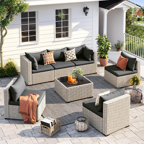 UDPATIO Outdoor Patio Furniture Set, 7-Piece Modular Sectional Sofa with Tea Table, PE Wicker Outdoor Conversation Set for Patio, Garden, Backyard Black UDPATIO