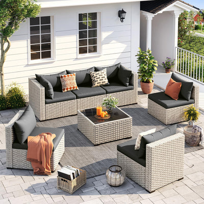 UDPATIO Outdoor Patio Furniture Set, 7-Piece Modular Sectional Sofa with Tea Table, PE Wicker Outdoor Conversation Set for Patio, Garden, Backyard Black