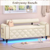 BYSAUD 51" Storage Bench, End of Bed Bench with LED Lights & Curved Arm, Upholstered Ottoman Bench with Storage, Bedroom Bench with Tufted Button & Nailhead Trim for Living Room Entryway, Beige BYSAUD