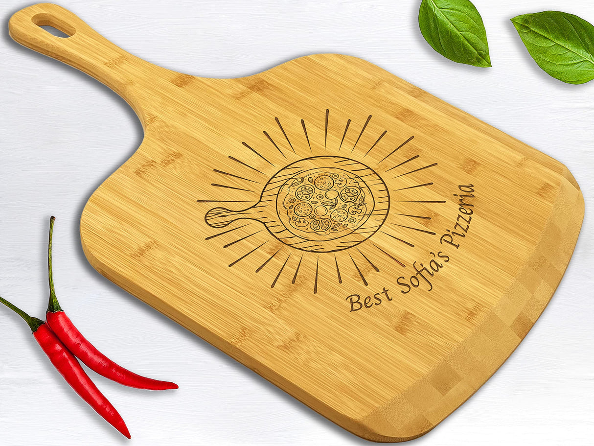 Personalized Bamboo Pizza Board with Handle Customized Wood Serving Cutting Pizza Board with Engraved Custom Name Monogram – Wedding, Anniversary, Housewarming, Birthday, Mom, Dad Gift WoodArtSupply