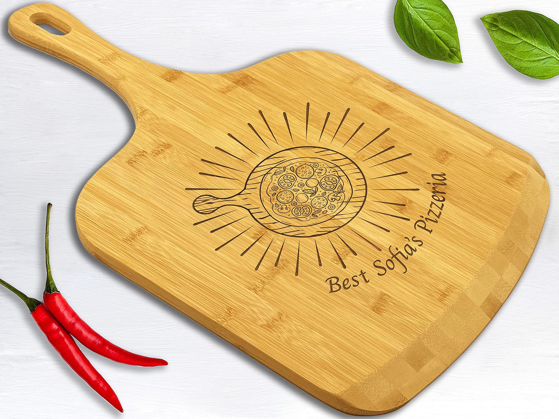 Personalized Bamboo Pizza Board with Handle Customized Wood Serving Cutting Pizza Board with Engraved Custom Name Monogram – Wedding, Anniversary, Housewarming, Birthday, Mom, Dad Gift - WoodArtSupply