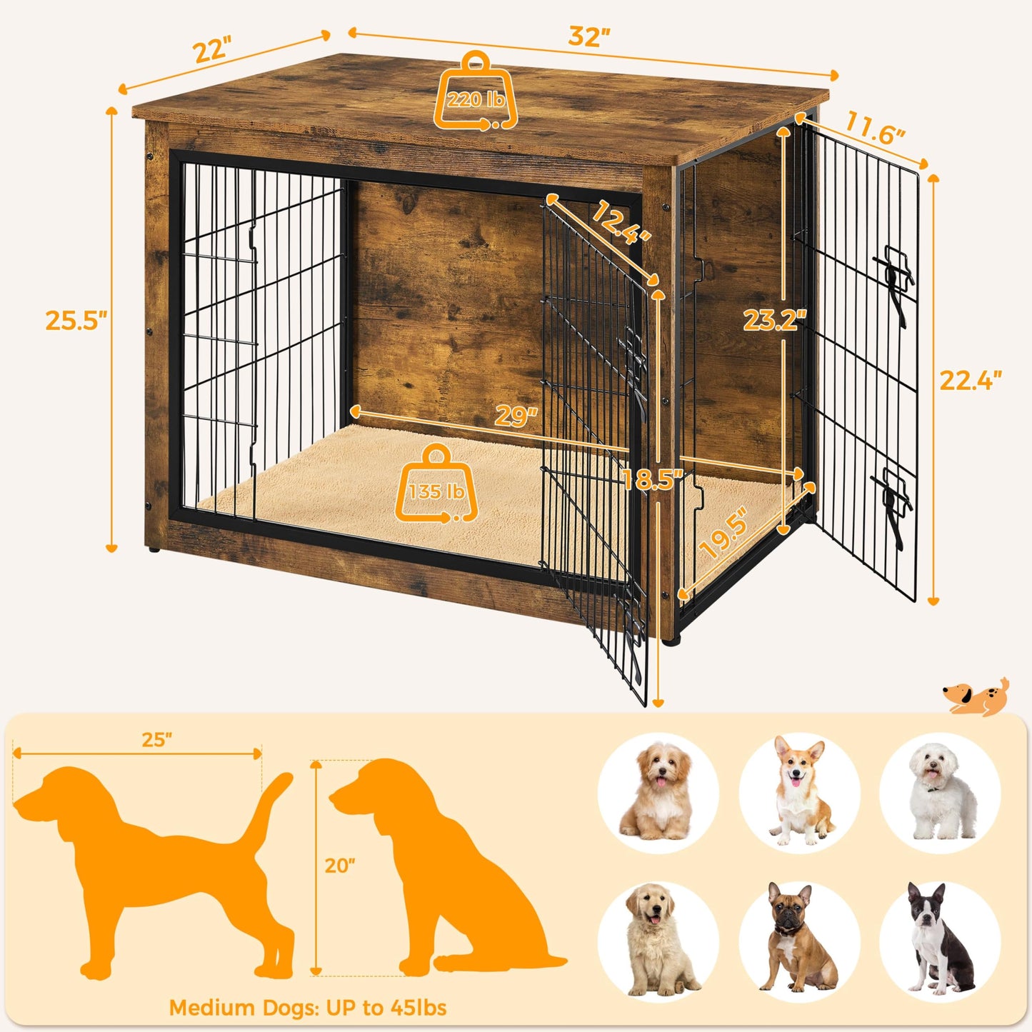 Yaheetech 32'' Dog Crate Furniture with Cushion Wooden Dog Crate with Double Doors/Adjustable Feet Side End Table for Small/Medium Dogs