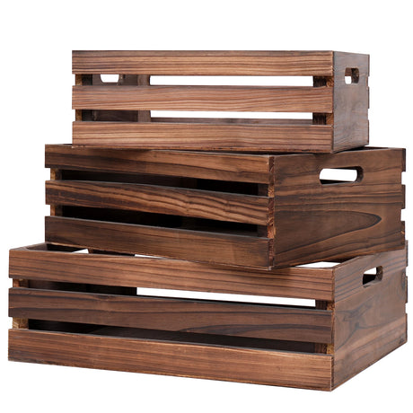 SENRYEE Large Size Wood Crates For Storage,Decorative Vintage Black Wooden Crates For Display,Handmade Solid Wood Boxes,Set Of 3 Rustic Black Wooden Crate. (vintage black) SENRYEE