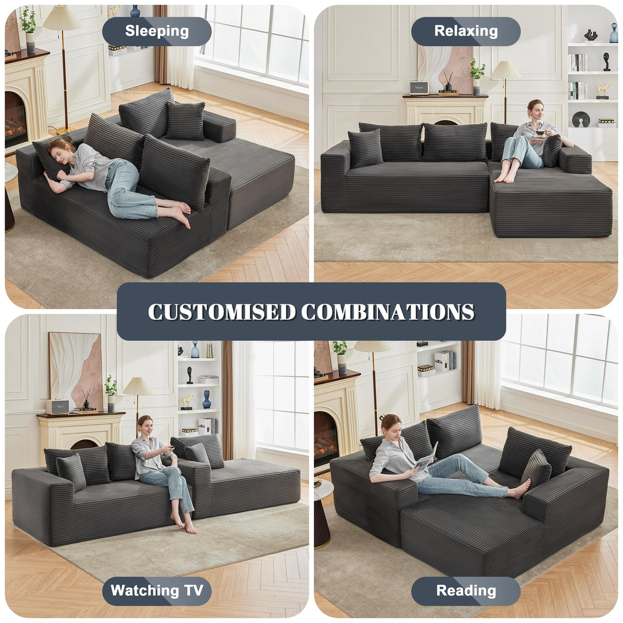 Mangodan 110” Cloud Sectional Couch, Boneless Sofa for Living Room, Modular Sectional Sofa with Deep Seat, Fluffy Couch with L-Shaped Chaise, No Assembly Required (Right-Facing Chaise, Dark Grey) Mangodan