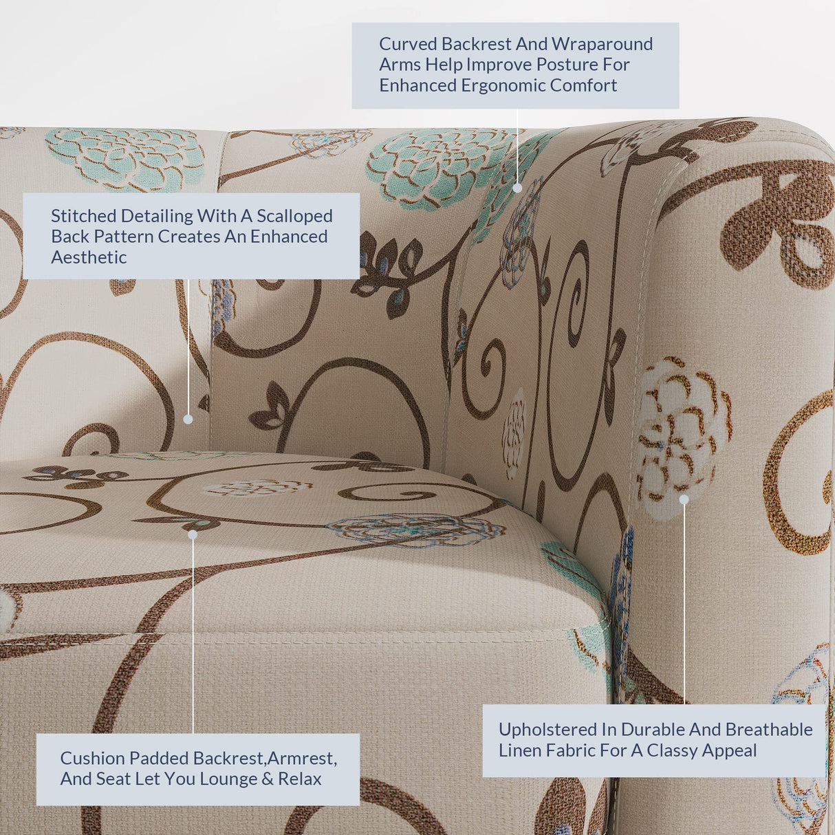 BELLEZE Living Room Chair, Linen Round Accent Barrel Chair, Club Tub Sofa Chair for Bedroom, Corner Chair with Flared Legs and Cozy Soft Padding - Highland (Floral Print) BELLEZE