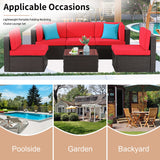 Shintenchi 6 Pieces Patio Furniture Sets Outdoor All-Weather Sectional Patio Sofa Set PE Rattan Manual Weaving Wicker Patio Conversation Set with Glass Table & Ottoman Cushion and Red Pillows, Red Shintenchi