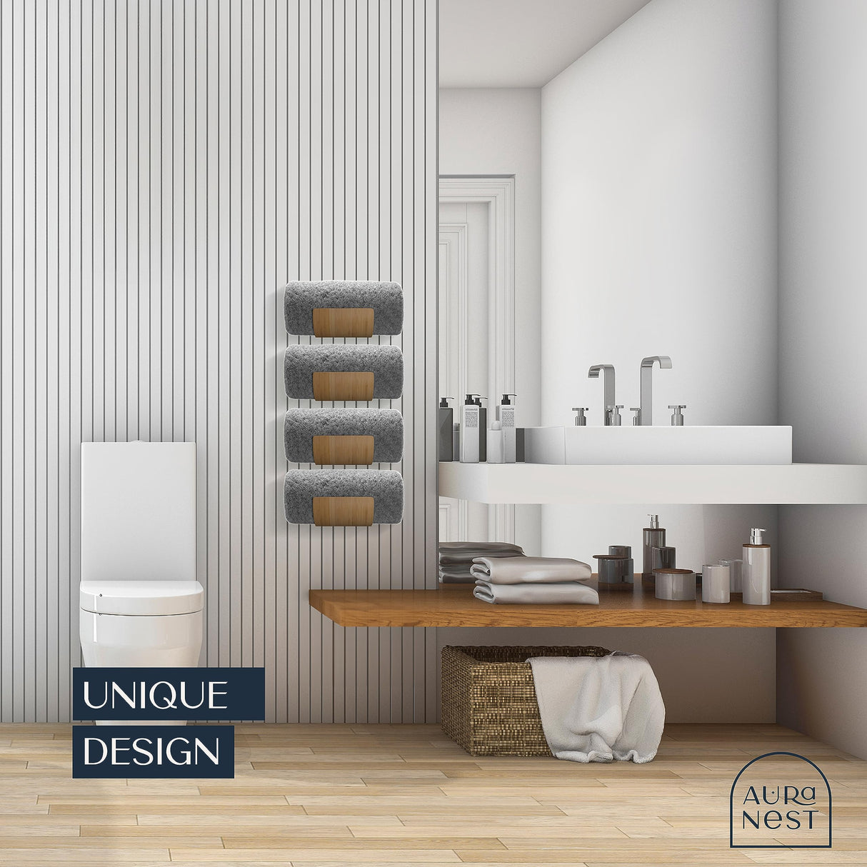 AURA NEST Set of 4 Towel Holder for Bathroom Wall, Modern Bamboo Wall Towel Rack for Rolled Towels, Sturdy Space-Saving Hanging Wood Towel Rack, Effective and Versatile for Spa, Guest Bath, Blanket AURA NEST