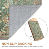 Bavni Washable Area Rugs 8x10 Green Boho Rug Tumble Vintage Large Carpet for Living Room Bedroom Dining Room, Non Slip Thin Low Pile Chenille, Dark Sage/Gold Bavni