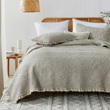 HORIMOTE HOME Beige Ruffled Quilt Queen Size, Stone-Washed Microfiber Lightweight Crinkled Farmhouse Rustic Shabby Chic Bedding Set, 3 Pieces Reversible Bedspread with Pillow Shams for All Season HORIMOTE HOME