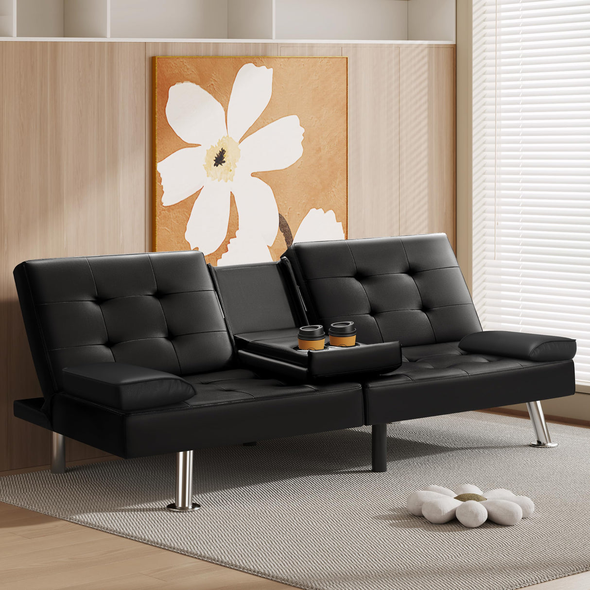 VICTONE Futon Sofa Bed Modern Faux Leather Couch Bed Convertible Folding Recliner for Living Room with 2 Cup Holders and Armrest (Black) VICTONE