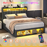 ChicZhiNest Queen Bed Frame with 2 Storage Drawers & Large Footboard Cabinet, LED Lights & USB Charging Station, Linen Upholstered Platform Bed with Headboard, No Box Spring Needed, Dark Grey ChicZhiNest