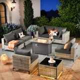 Outdoor Sectional Patio Furniture Set with Fire Pit Table and Glowing Table,8 Pieces Wicker Conversation Sets L Shaped Couch Out Door Sofa Set Outside Furniture for Garden Deck Yard,Black POUUIN