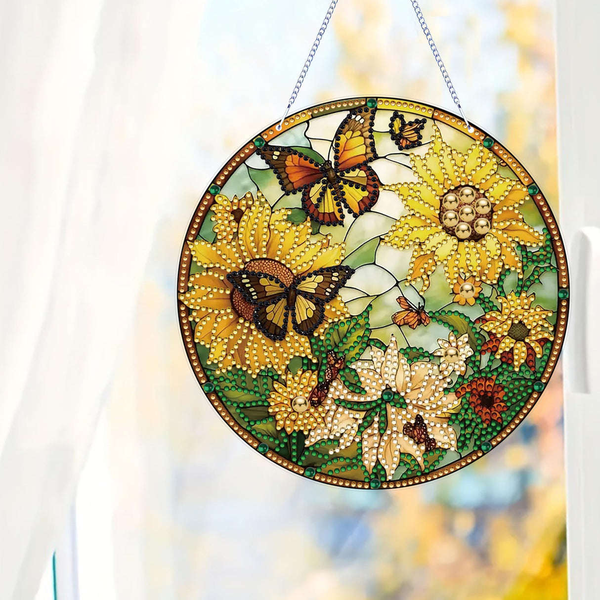 LYENYI 5D Sunflower Butterfly Diamond Painting Kits for Adults Hanging Sign Wall Art Sign Diamond Art Suncatcher Hanging Ornament Home Garden Wall Door Hanging Painting Kits, Yellow LYENYI