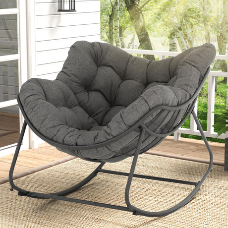 GREEN MORE Patio Rocking Chair Oversized Indoor & Outdoor, Egg Rocking Chair Lounge with Padded Cushion and Metal Frame for Front Porch Patio Backyard GREEN MORE