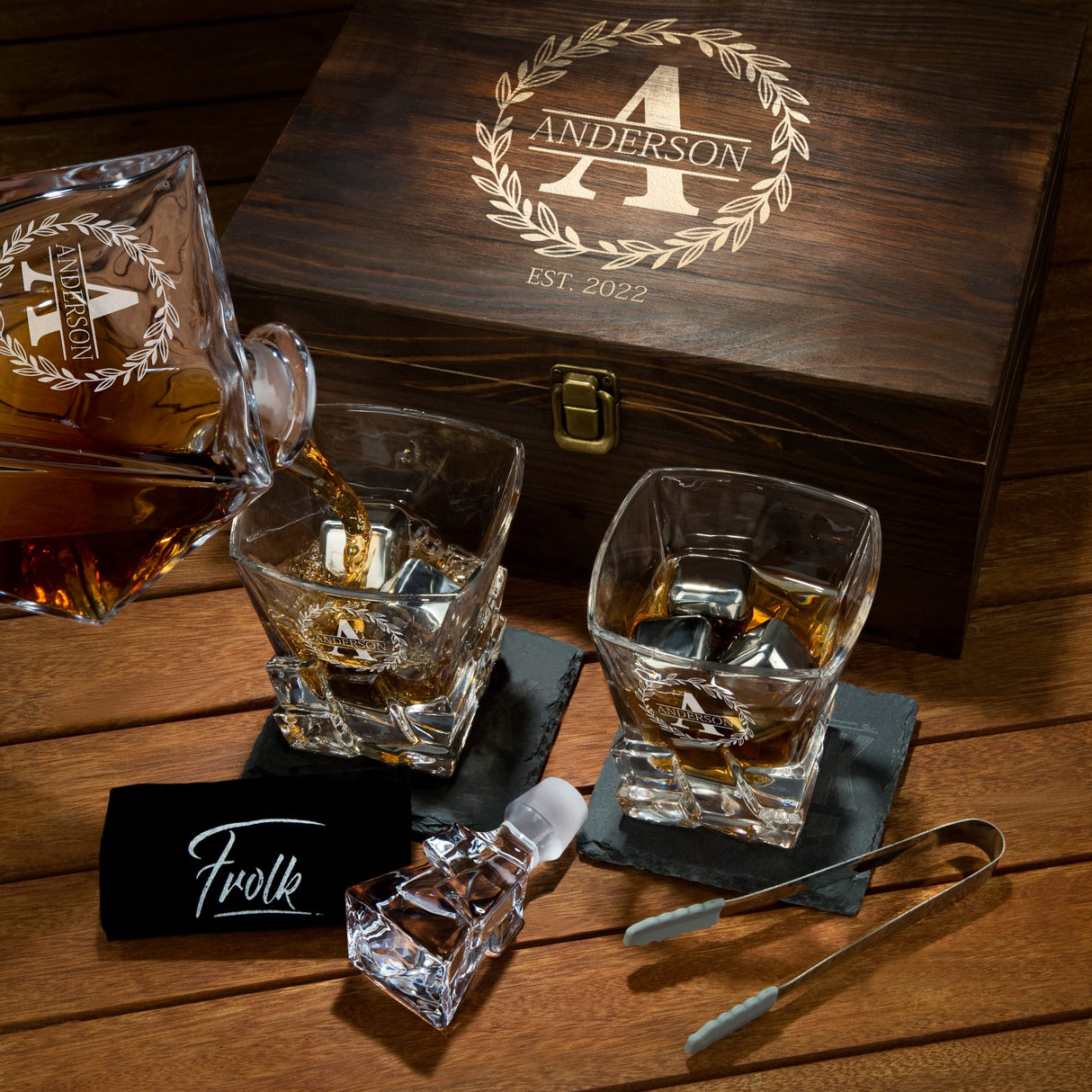 Personalized Whiskey Decanter and Stones Set - Customized Gift for Men, Dad, Father - Engraved Rocks Whiskey Decanter, 2 XL Glasses, 8 Whisky Cubes, Frolk