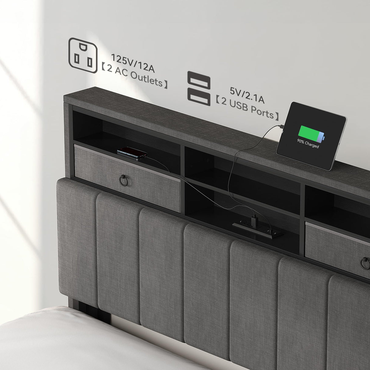 YITAHOME Full Size Bed Frame with Storage Headboard, LED Bed Frame with Drawers and Charging Station, Platform Bed with Sturdy Metal Support, No Box Spring Needed, Grey YITAHOME