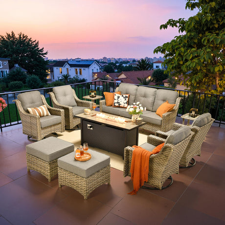 ovios Outdoor 10 Piece Patio Furniture with 54in Fire Pit Table,Wicker Coversation Set with Swivel Rocking Chair,Comfy Sectional Deep Sofa with Ottoman for Outside Porch Balcony Backyard,Dark Grey ovios