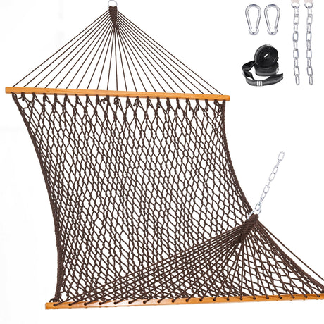 Lazy Daze Hammocks Double Rope Hammock, 2 Person Traditional Outdoor Hand Woven Cotton Rope Hammock with Spreader Bar, Chains, Tree Straps for Patio Yard - Max 450 Lbs, Brown Lazy Daze Hammocks