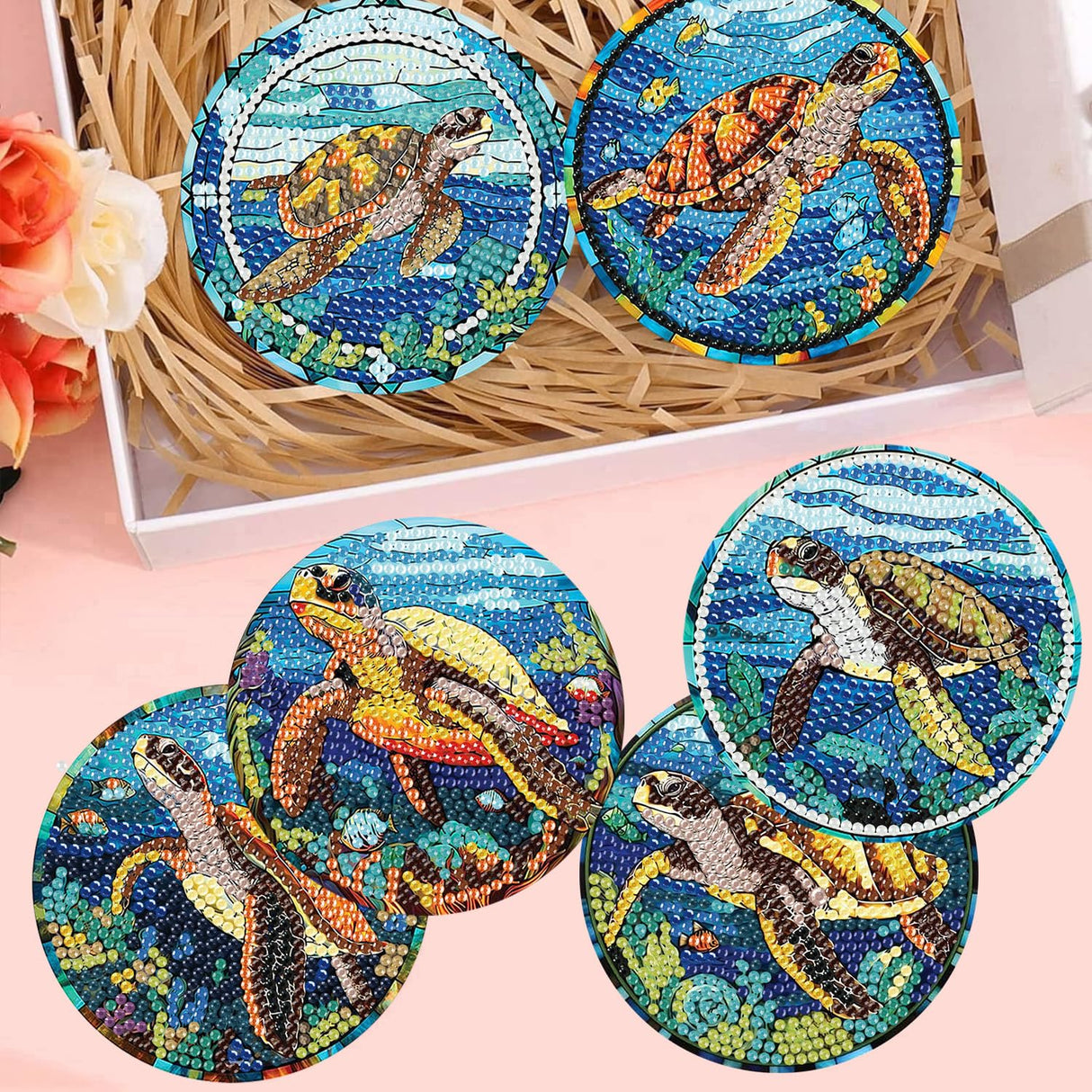 mrpwnle 8 Pack Turtle Diamond Art Coasters Kits, Sea Turtle Diamond Painting Coasters Kits Set with Holder Cork Pads, DIY Diamonds Art Non Slip Coaster Crafts Supplies Kit mrpwnle