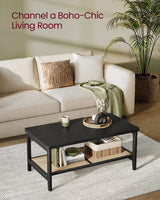 VASAGLE 2-Tier Coffee Table for Living Room, Living Room Table Rectangular Center Table, with PVC Rattan Storage Shelf, Rounded Corners, Easy Assembly, Boho Style, Ash Black ULCT240B21 VASAGLE