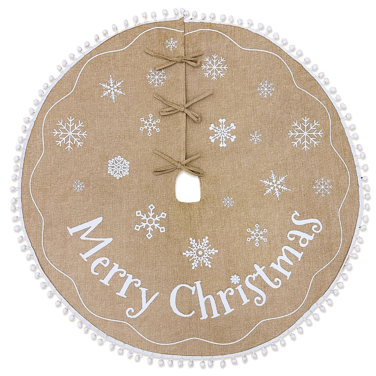 AerWo Christmas Tree Skirt 48 Inches, Burlap Tree Skirt Printed with White Snowflake and Merry Christmas Decor, Brown Tree Skirt for Christmas Decorations New Year Holiday Party Supply Indoor Outdoor AerWo