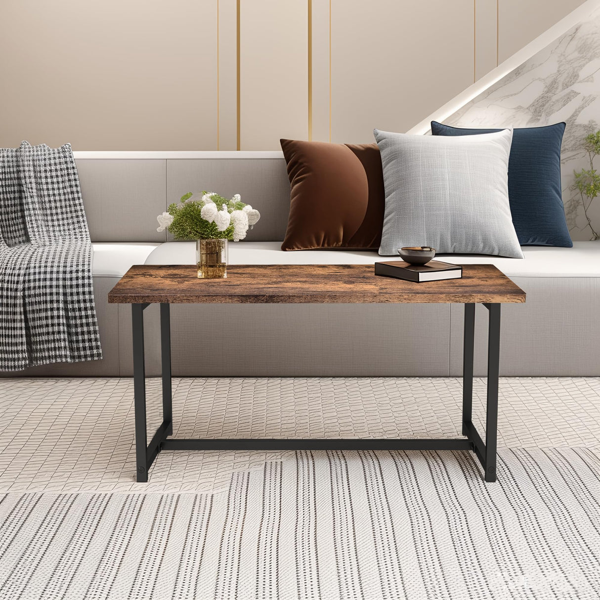 VERFARM 35.4" Rectangular Coffee Table for Living Room, Modern Industrial Style Coffee Table Center Table with Metal Frame for Small Space, Apartment, Office, Easy Assembly, Brown VERFARM