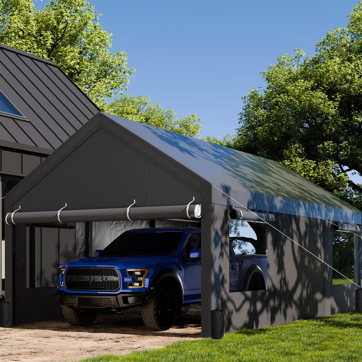 JAMFLY Carport, 12x20 ft Heavy Duty Carport with Roll-up Windows, Portable Garage with Removable Sidewalls & Doors, Car Canopy with Sandbags and All-Season Tarp for Car Boat Truck Motorcycle JAMFLY