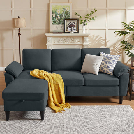 Chireca 80" Convertible Sectional Sofa, Small L Shaped 3 Seat Couch with Reversible Storage Chaise, Modern Polyester Fabric Sofa Couches for Living Room, Apartment and Small Space, Dark Grey Chireca