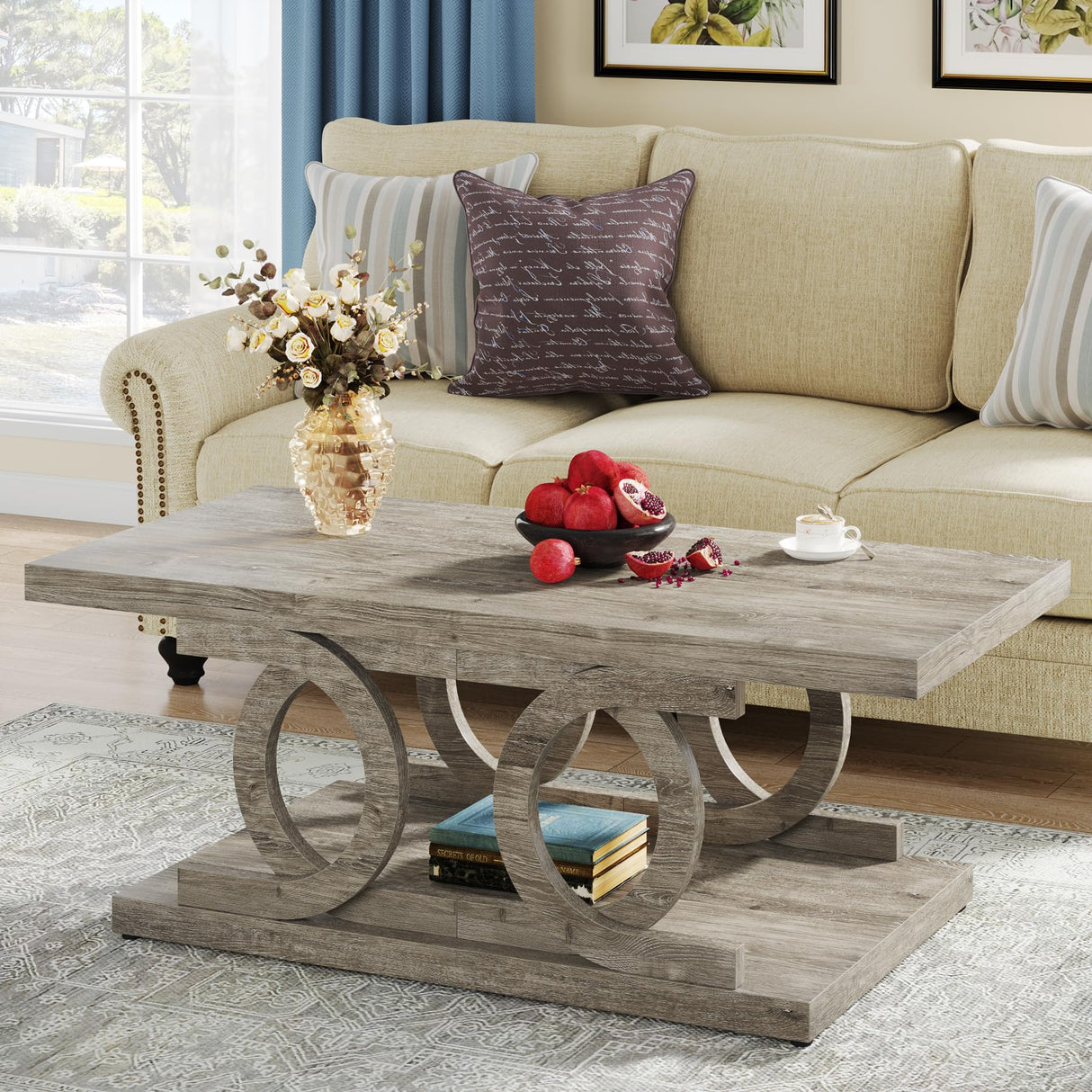 Tribesigns Farmhouse Coffee Table, 47 Inches Rustic Wood Coffee Table with Storage Shelf for Living Room, 2 Tier Large Rectangle Cocktail Table Center Tea Table Accent Table, Gray Tribesigns
