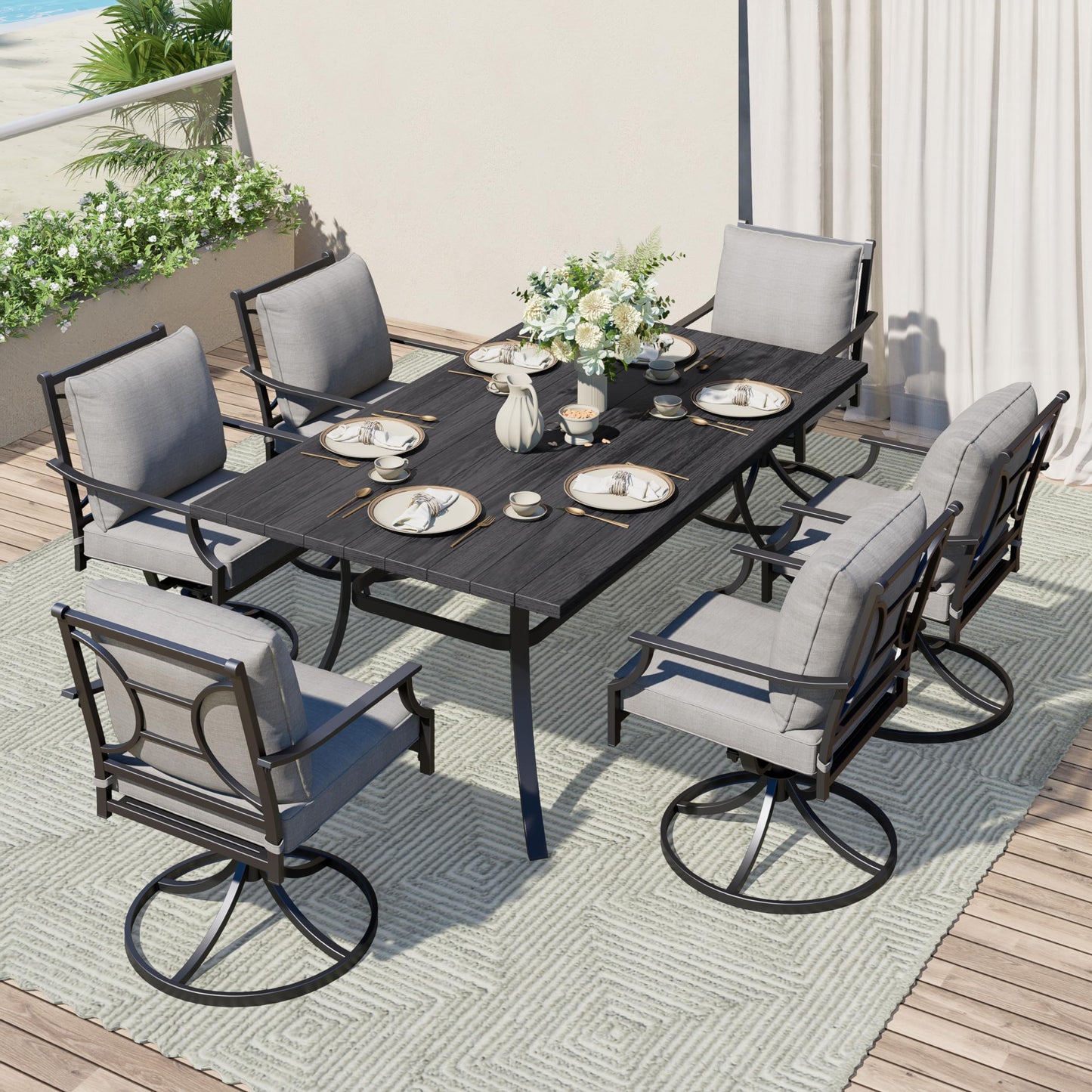 Grand patio 7-Piece Outdoor Dining Set for 6 E-Coated Patio Dining Furniture Set for 6 Patio Swivel Dining Chairs with Olefin Cushions 1 Rectangular Dining Faux Woodgrain Table with Umbrella  - WoodArtSupply